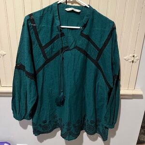 Zara Emerald Green Embroidered Eyelet Tassel Long Sleeves Peasant Top Small